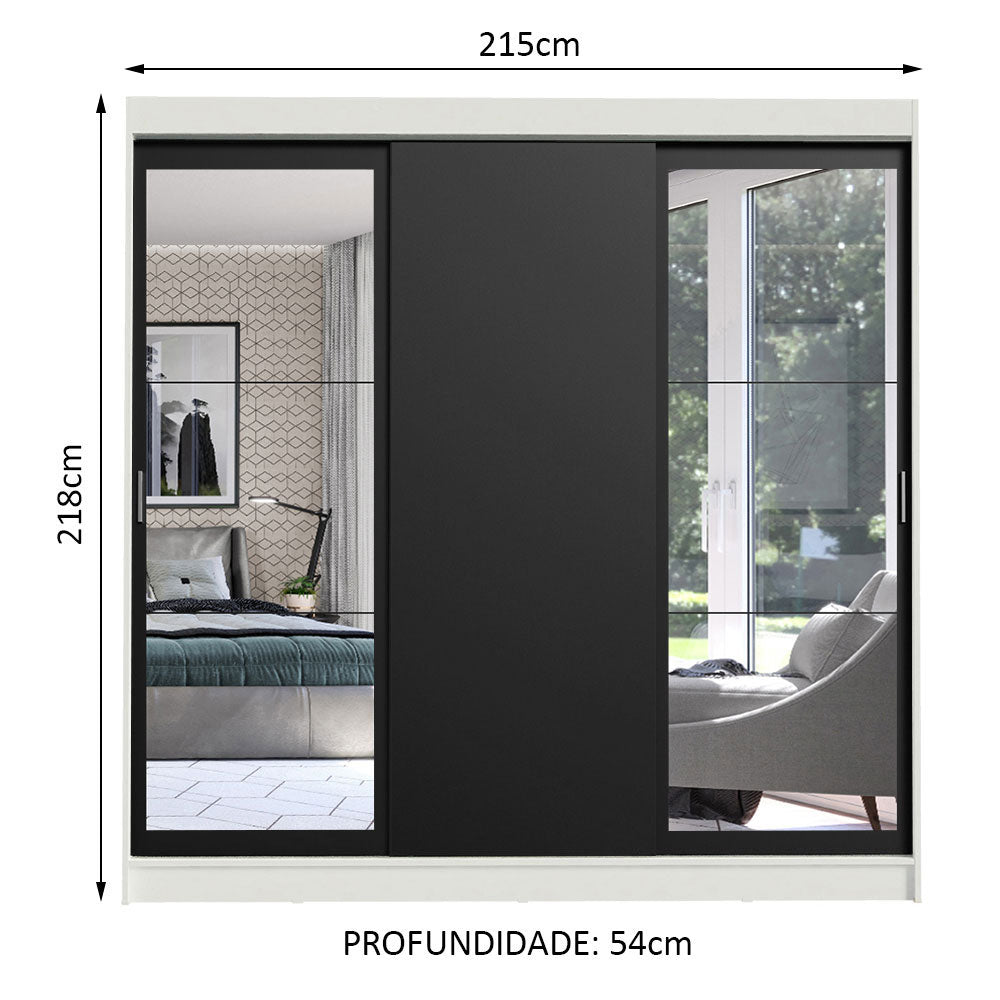 Guarda-Roupa Casal Madesa Istambul 3 Portas de Correr com Espelhos 3 Gavetas Branco/Preto