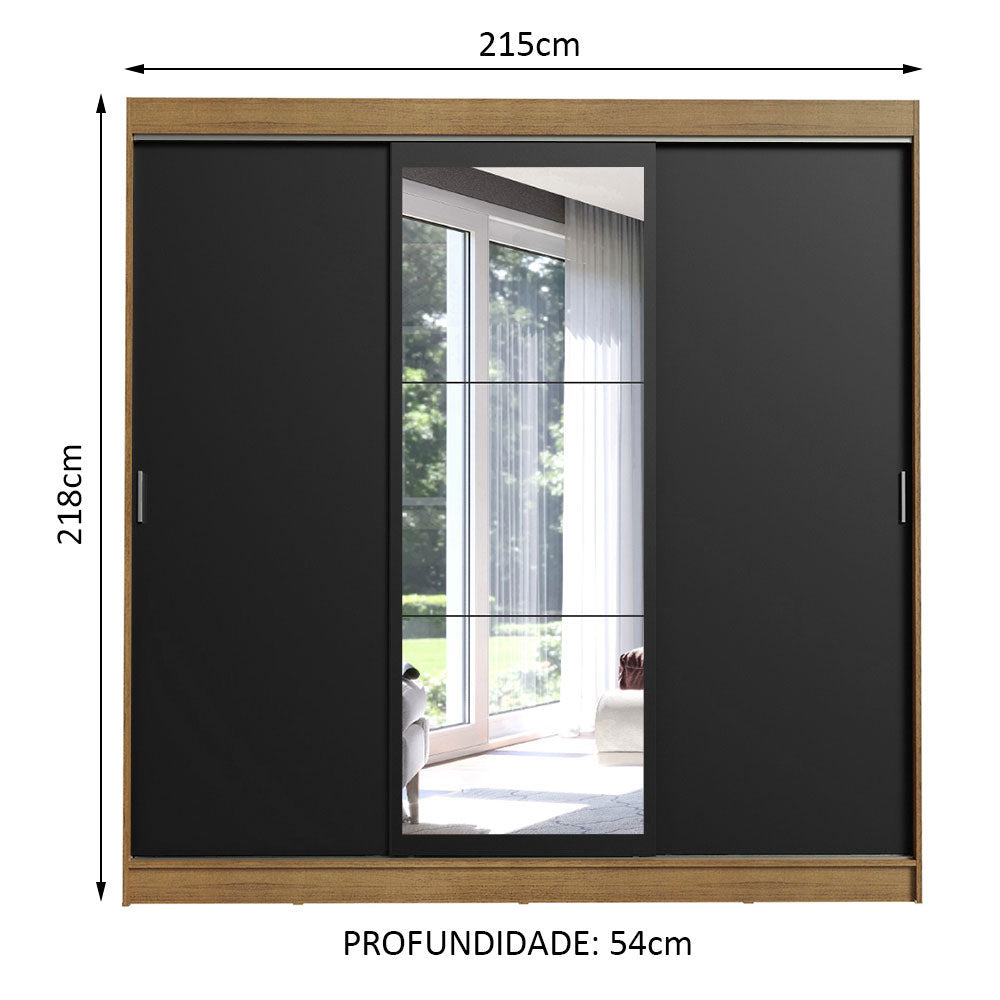 Guarda-Roupa Casal Madesa Istambul 3 Portas de Correr com Espelho 3 Gavetas Rustic/Preto