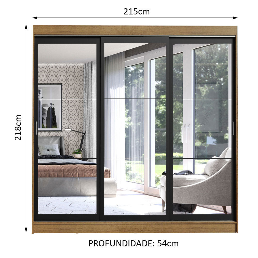 Guarda-Roupa Casal Madesa Istambul 3 Portas de Correr de Espelho 3 Gavetas Rustic/Preto