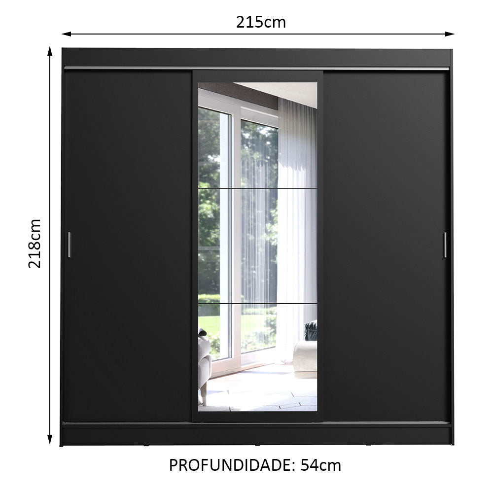 Guarda-Roupa Casal Madesa Istambul 3 Portas de Correr com Espelho 3 Gavetas Preto