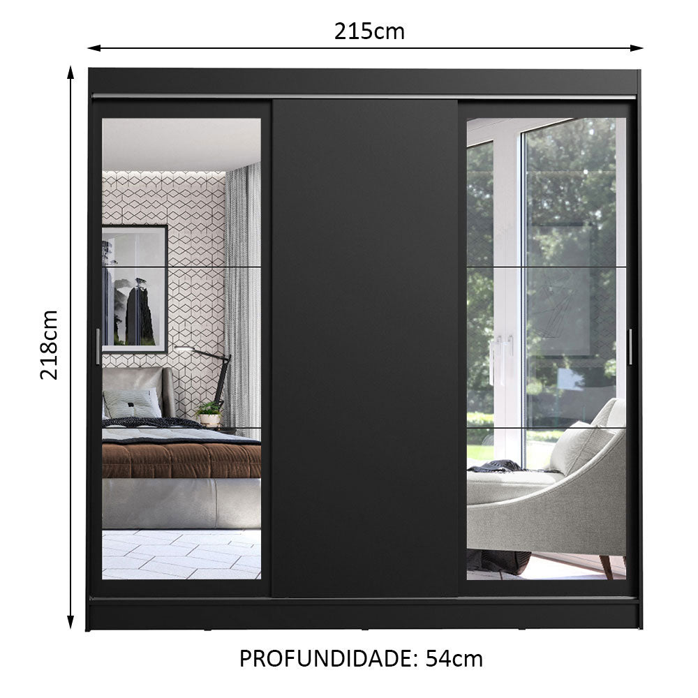 Guarda-Roupa Casal Madesa Istambul 3 Portas de Correr com Espelhos 3 Gavetas Preto
