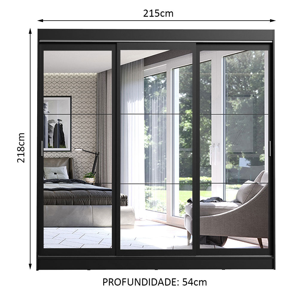 Guarda-Roupa Casal Madesa Istambul 3 Portas de Correr de Espelho 3 Gavetas Preto