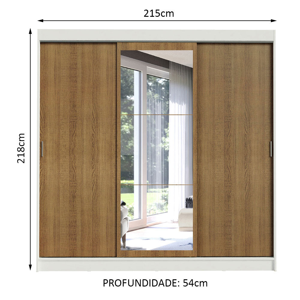 Guarda-Roupa Casal Madesa Istambul 3 Portas de Correr com Espelho 3 Gavetas Branco/Rustic