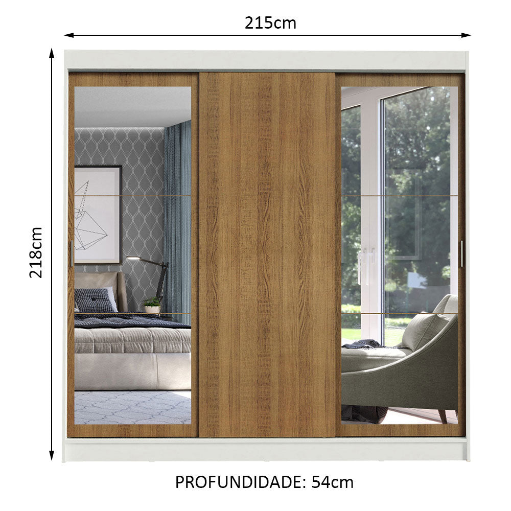 Guarda-Roupa Casal Madesa Istambul 3 Portas de Correr com Espelhos 3 Gavetas Branco/Rustic