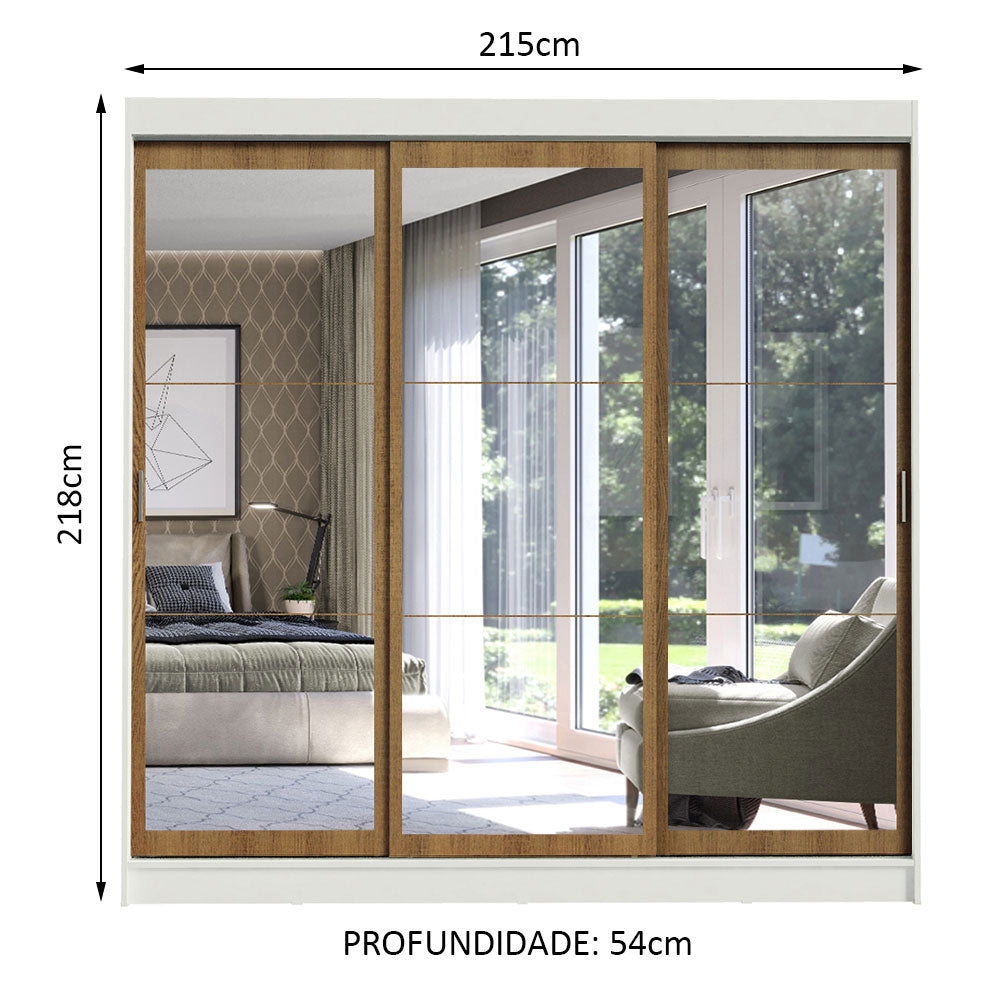 Guarda-Roupa Casal Madesa Istambul 3 Portas de Correr de Espelho 3 Gavetas Branco/Rustic