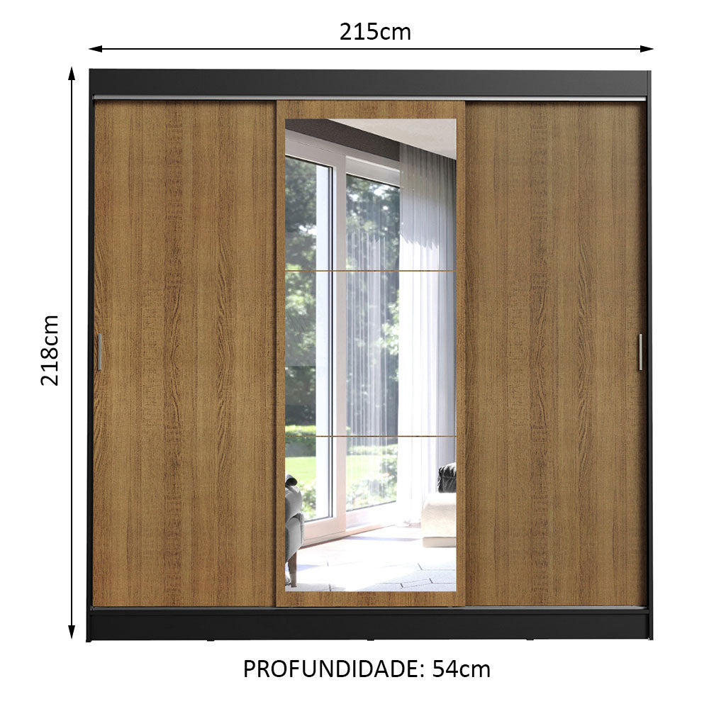 Guarda-Roupa Casal Madesa Istambul 3 Portas de Correr com Espelho 3 Gavetas Preto/Rustic