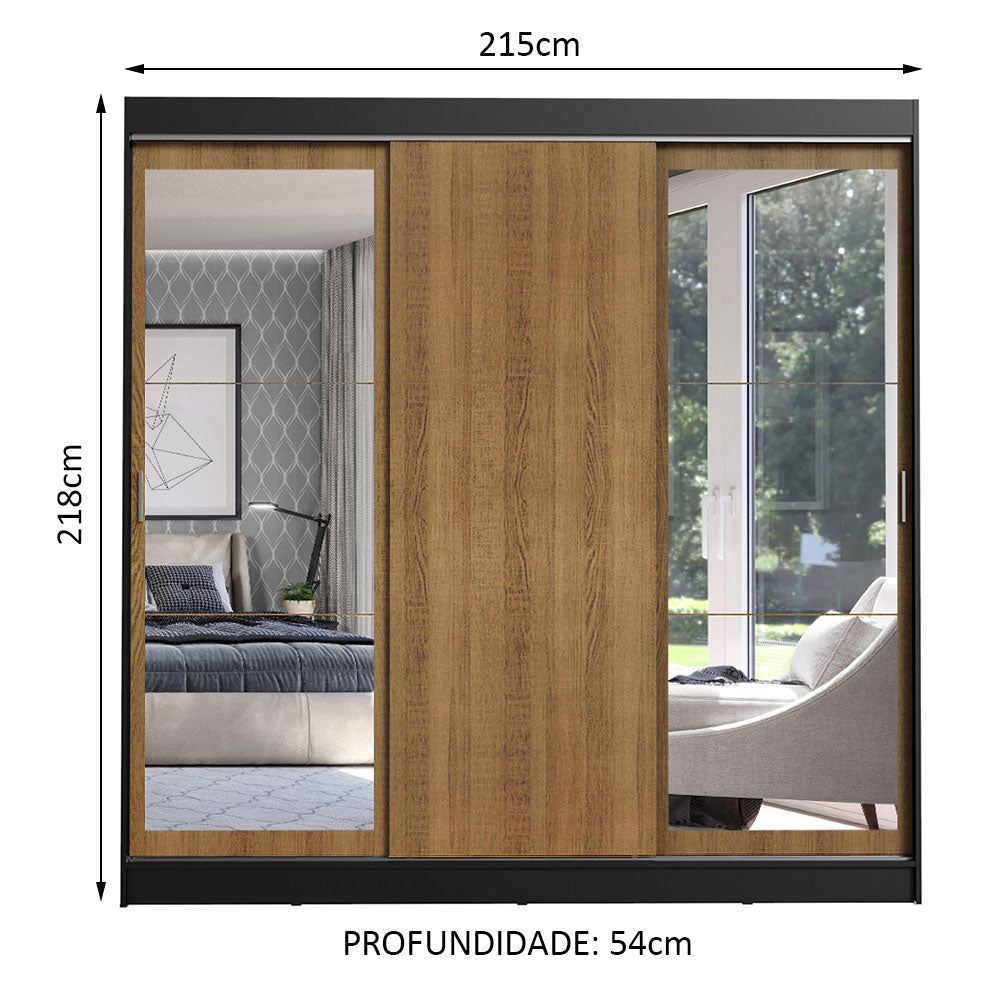 Guarda-Roupa Casal Madesa Istambul 3 Portas de Correr com Espelhos 3 Gavetas Preto/Rustic