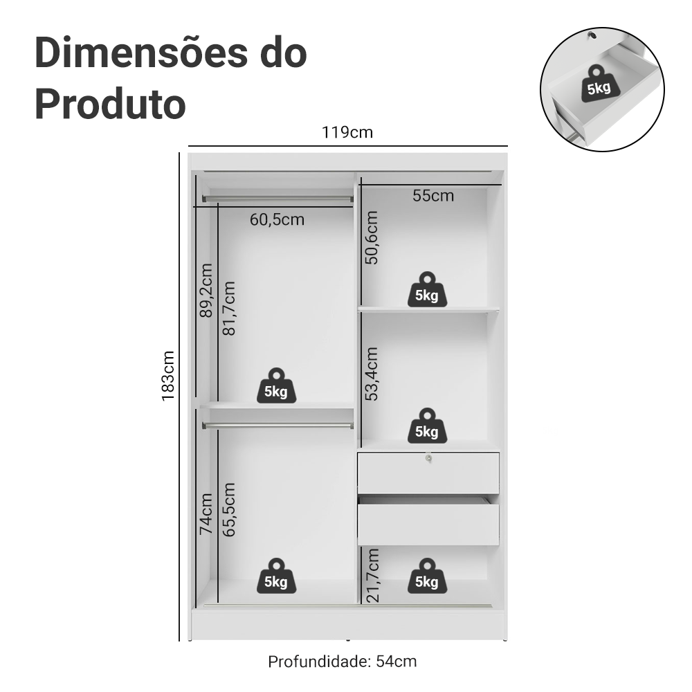Guarda-Roupa 2 Portas de Correr de Espelho Branco Max Madesa