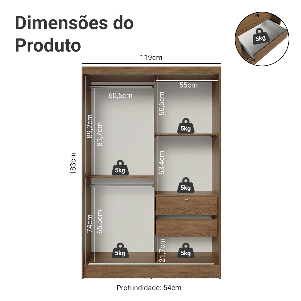 Guarda-Roupa 2 Portas de Correr de Espelho Rustic Max Madesa