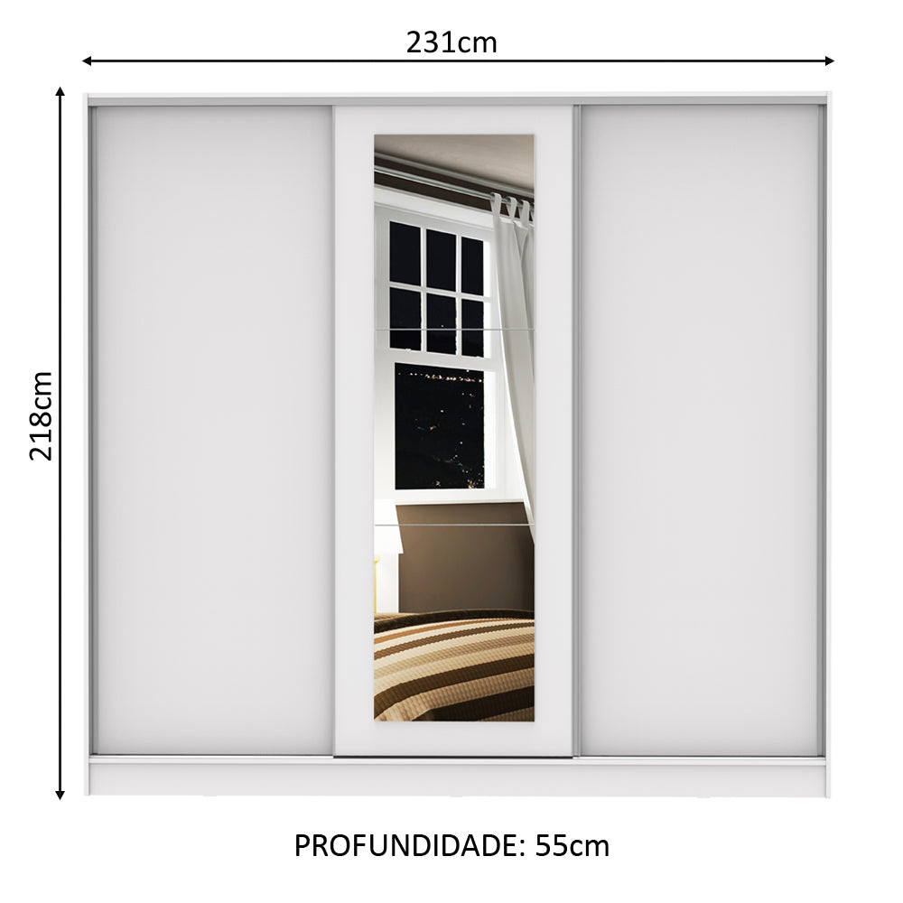 Guarda-Roupa Casal 100% MDF Madesa Eros 3 Portas de Correr com Espelho Branco