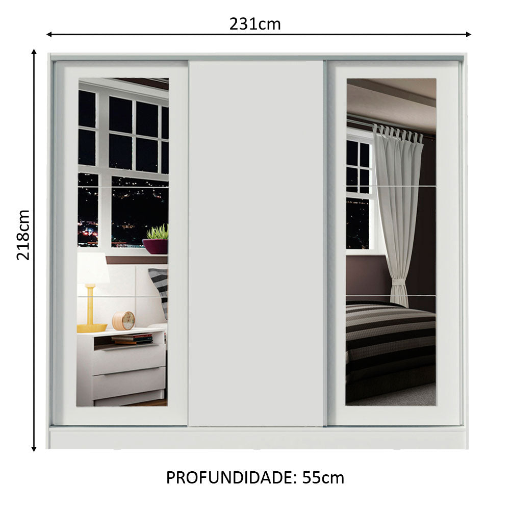 Guarda-Roupa Casal 100% MDF Madesa Eros 3 Portas de Correr com Espelhos Branco