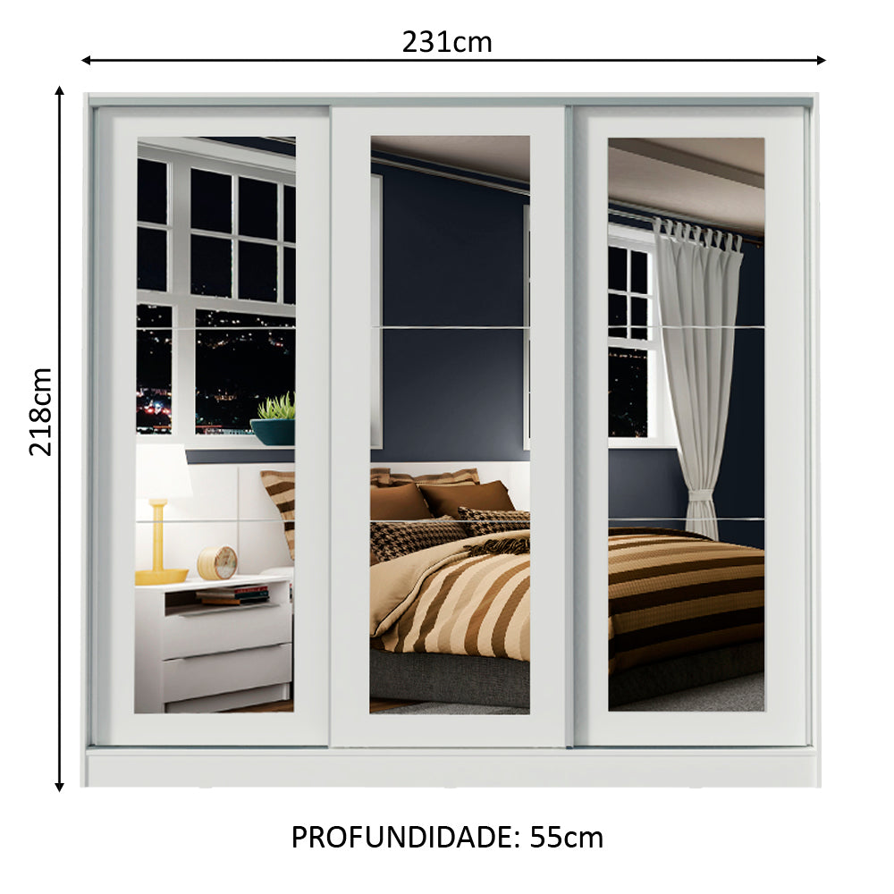 Guarda-Roupa Casal 100% MDF Madesa Eros 3 Portas de Correr de Espelho Branco