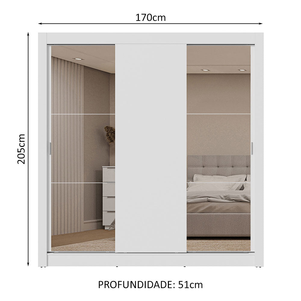 Guarda-Roupa Casal 3 Portas de Correr com Espelhos 2 Gavetas Branco Sublime Madesa