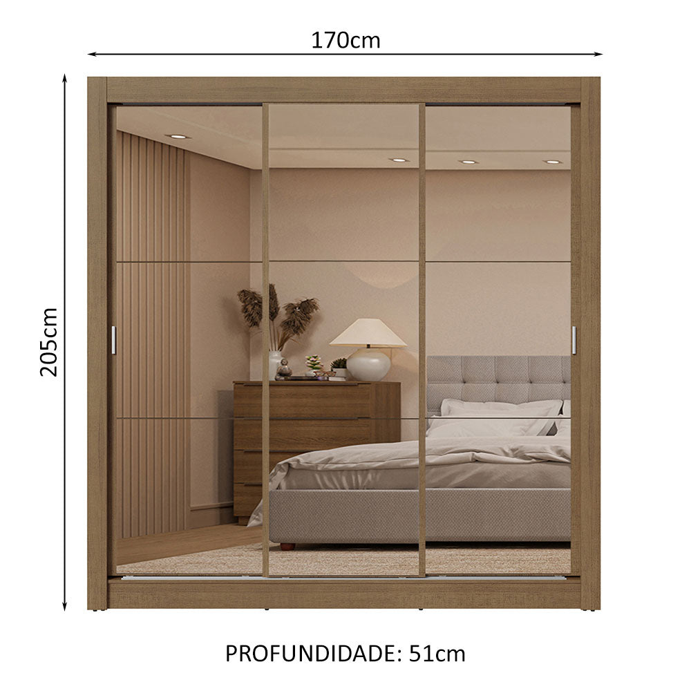 Guarda-Roupa Casal 3 Portas de Correr de Espelho 2 Gavetas Rustic Sublime Madesa