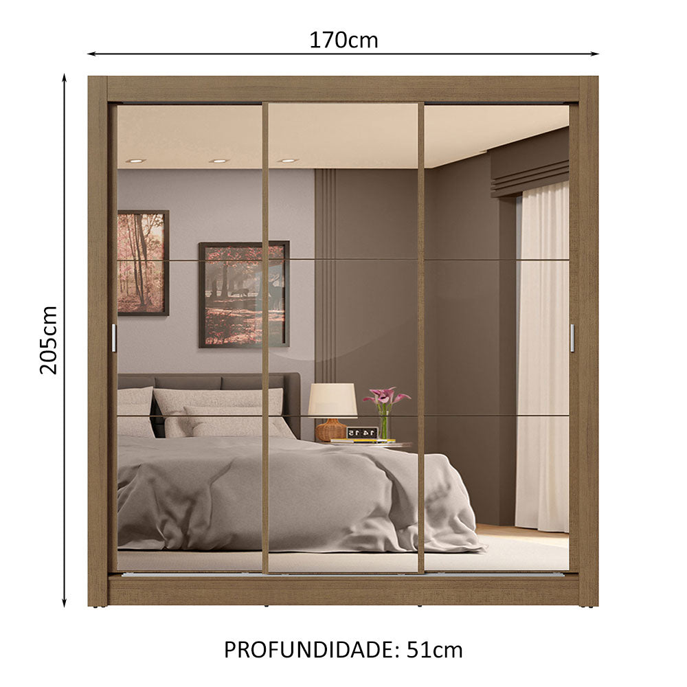 Guarda-Roupa Casal 3 Portas de Correr de Espelho 4 Gavetas Rustic Sublime Plus Madesa