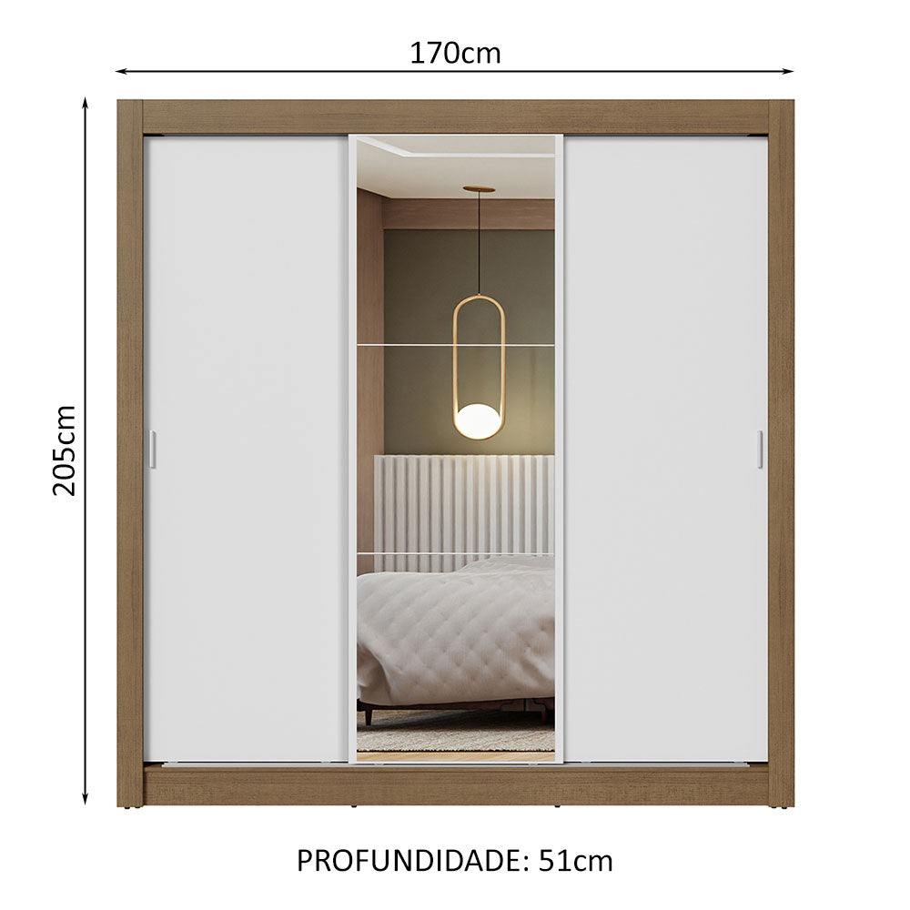 Guarda-Roupa Casal 3 Portas de Correr com Espelho Rustic/Branco Nobre Madesa