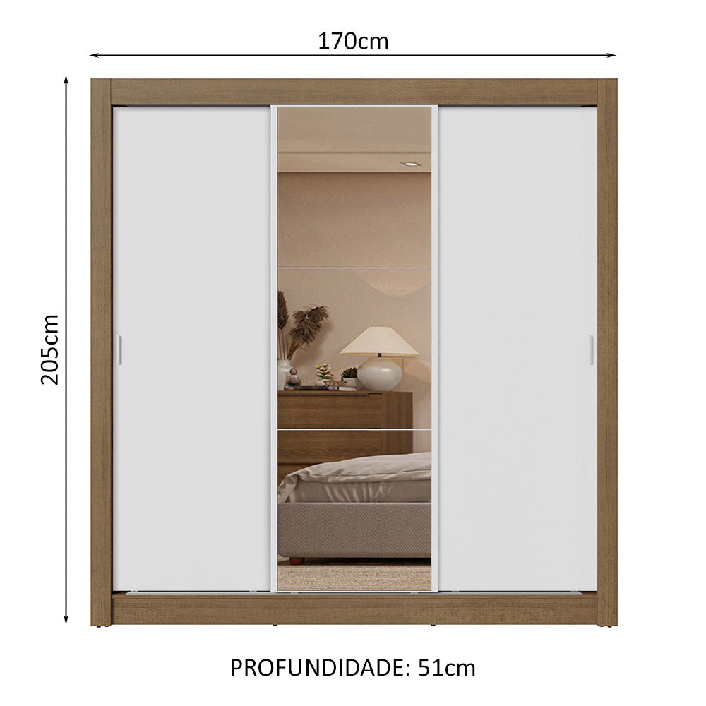 Guarda-Roupa Casal 3 Portas de Correr com Espelho 2 Gavetas Rustic/Branco Sublime Madesa