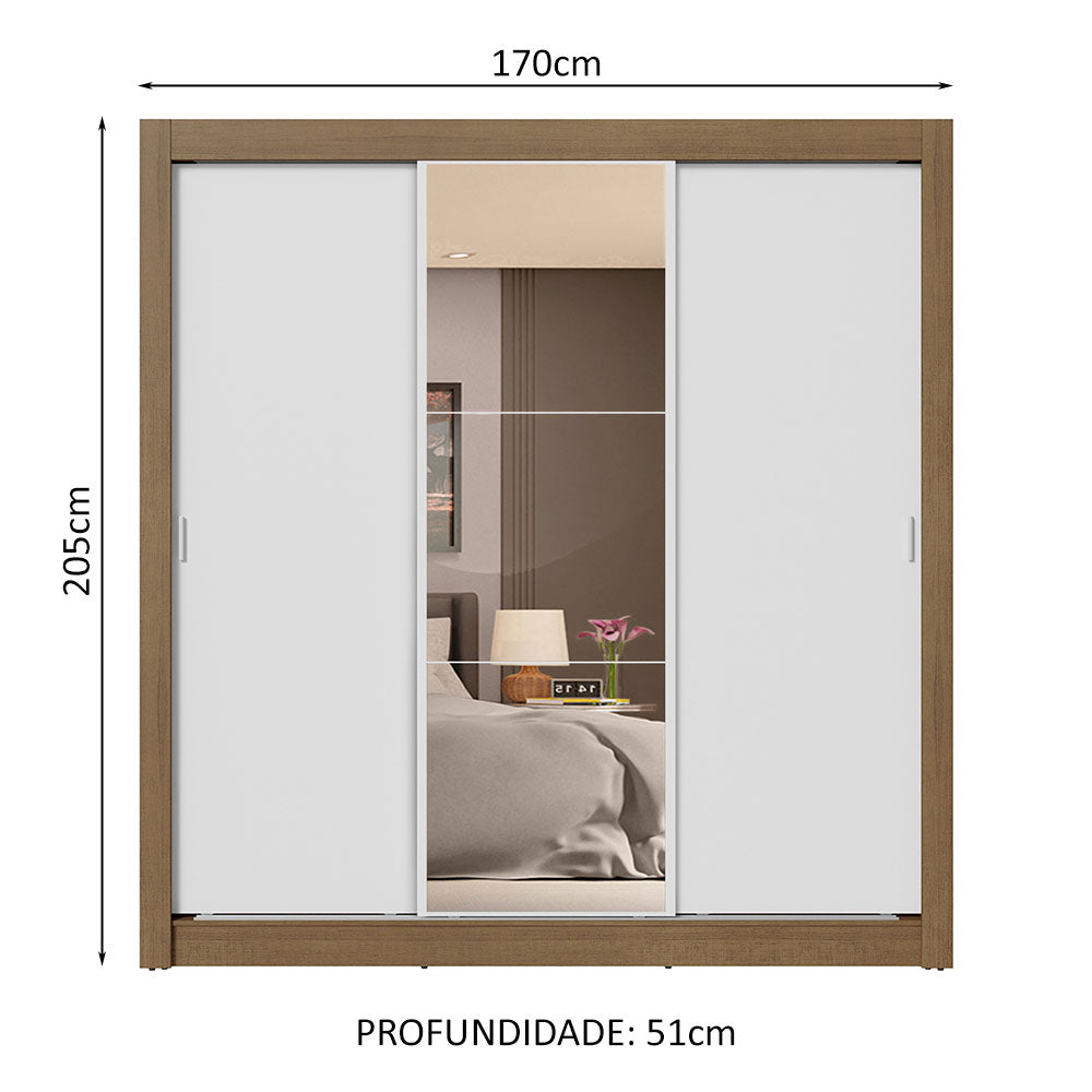 Guarda-Roupa Casal 3 Portas de Correr com Espelho 4 Gavetas Rustic/Branco Sublime Plus Madesa