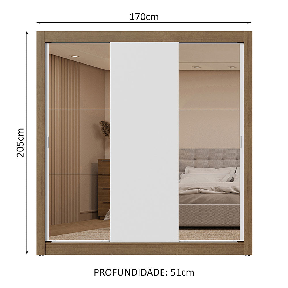 Guarda-Roupa Casal 3 Portas de Correr com Espelhos 2 Gavetas Rustic/Branco Sublime Madesa
