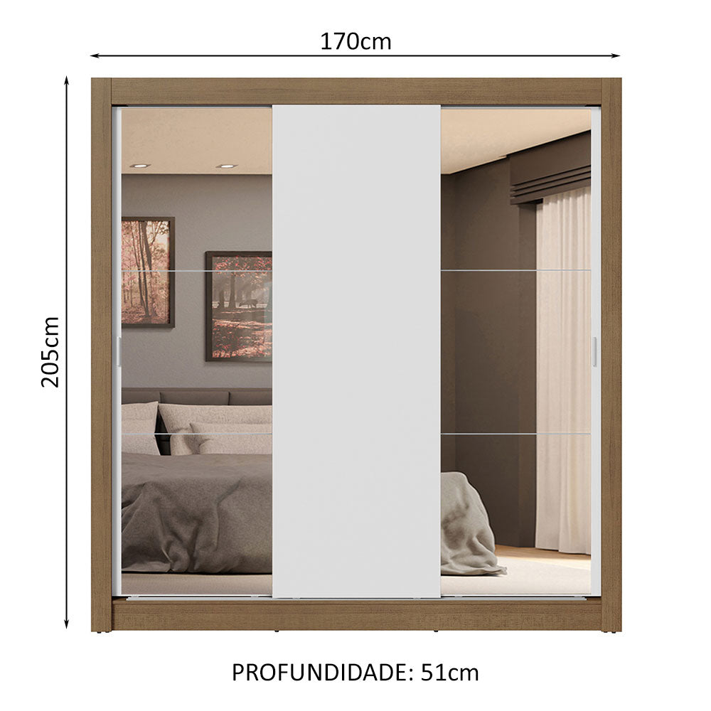 Guarda-Roupa Casal 3 Portas de Correr com Espelhos 4 Gavetas Rustic/Branco Sublime Plus Madesa