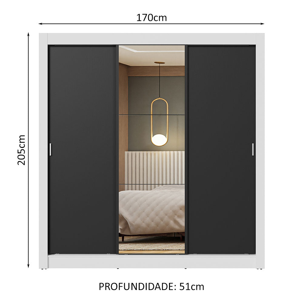 Guarda-Roupa Casal 3 Portas de Correr com Espelho Branco/Preto Nobre Madesa
