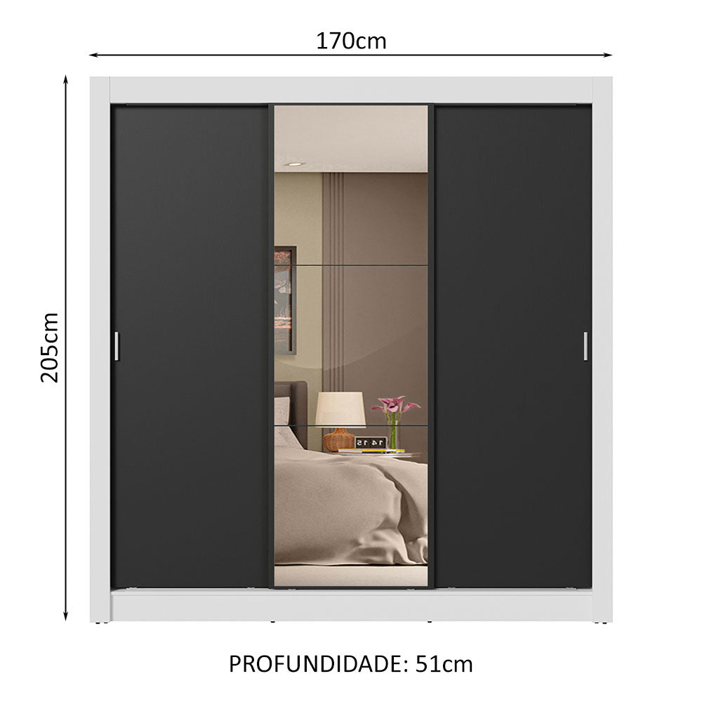 Guarda-Roupa Casal 3 Portas de Correr com Espelho 4 Gavetas Branco/Preto Sublime Plus Madesa