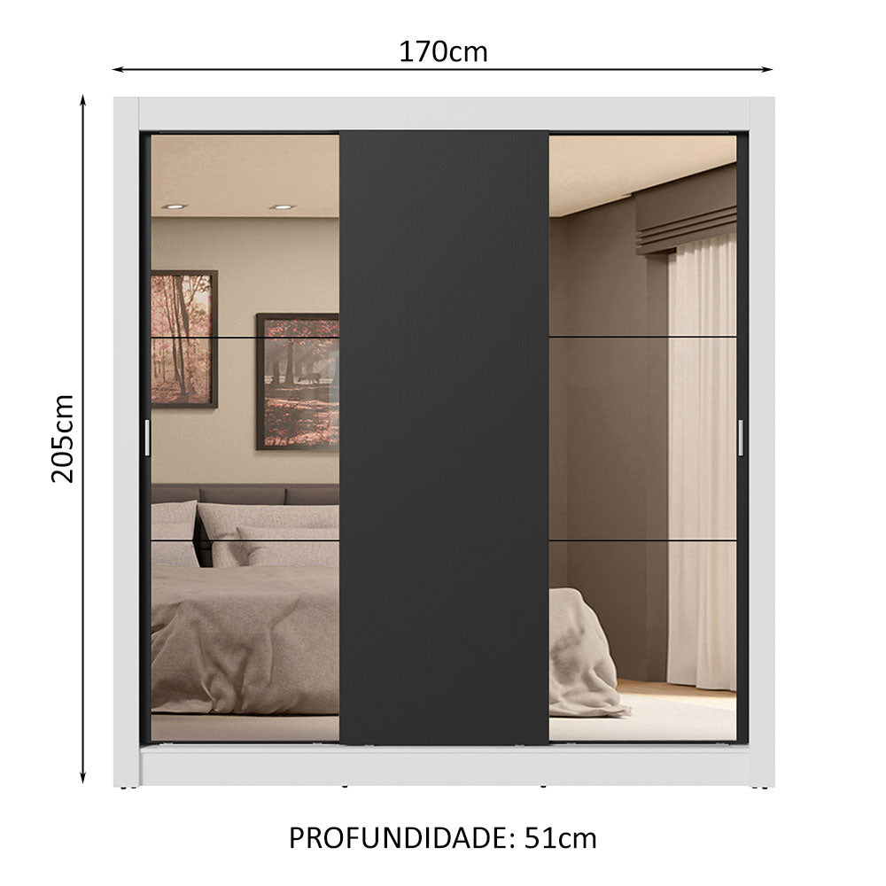 Guarda-Roupa Casal 3 Portas de Correr com Espelhos 4 Gavetas Branco/Preto Sublime Plus Madesa