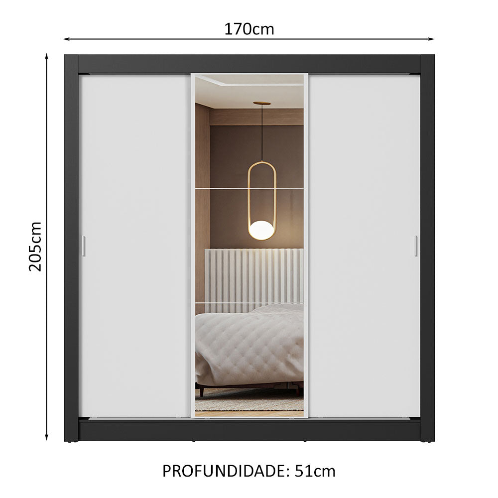 Guarda-Roupa Casal 3 Portas de Correr com Espelho Preto/Branco Nobre Madesa