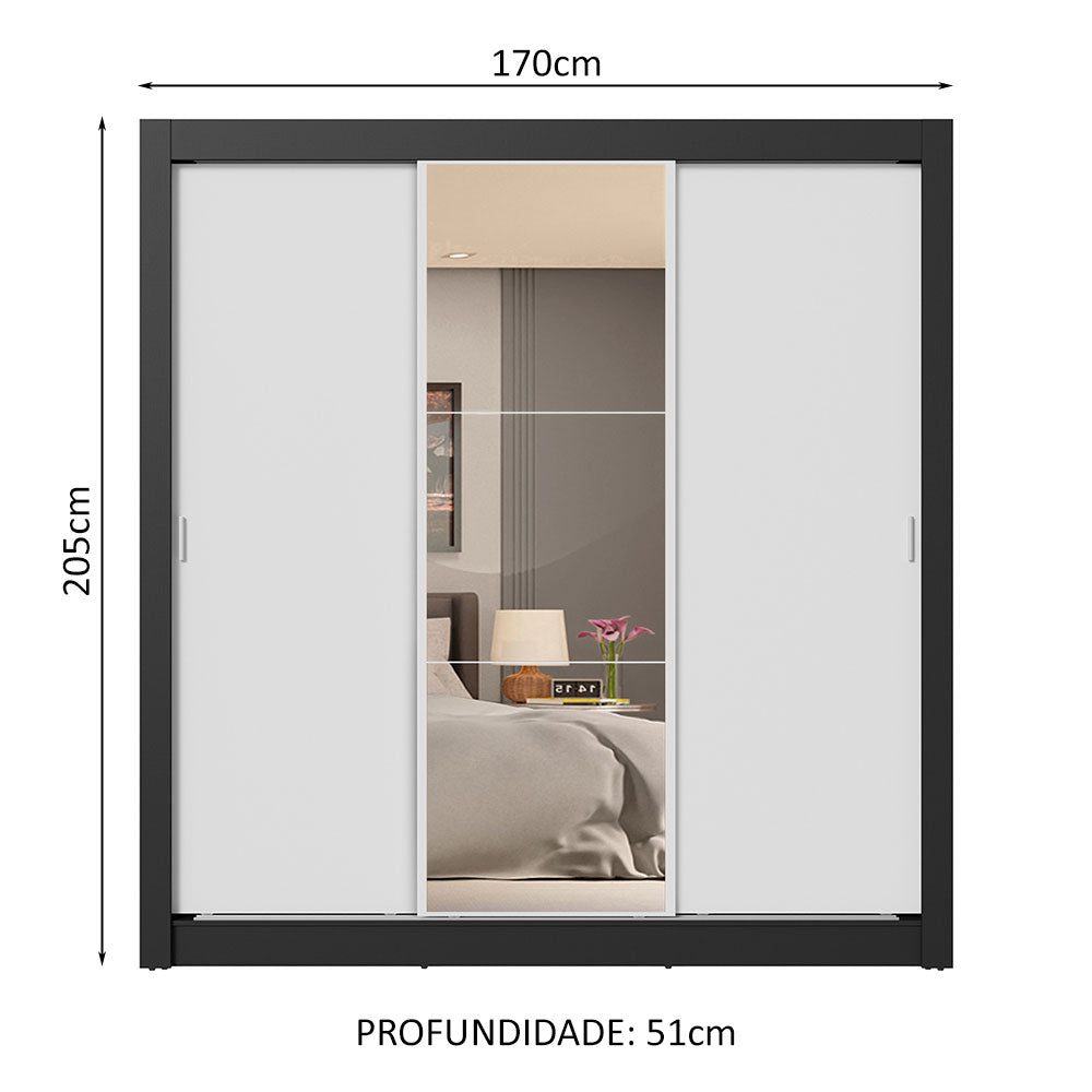Guarda-Roupa Casal 3 Portas de Correr com Espelho 4 Gavetas Preto/Branco Sublime Plus Madesa