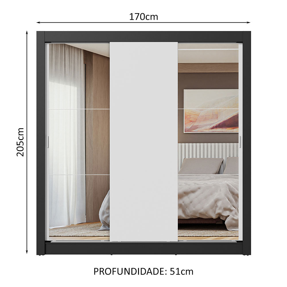 Guarda-Roupa Casal 3 Portas de Correr com Espelhos Preto/Branco Nobre Madesa