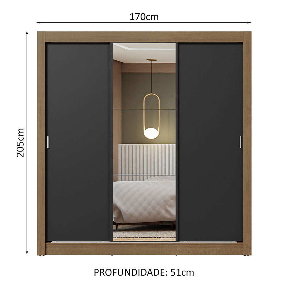Guarda-Roupa Casal 3 Portas de Correr com Espelho Rustic/Preto Nobre Madesa