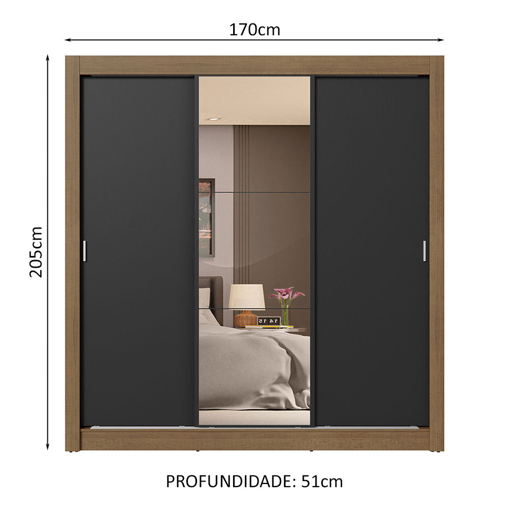 Guarda-Roupa Casal 3 Portas de Correr com Espelho 4 Gavetas Rustic/Preto Sublime Plus Madesa