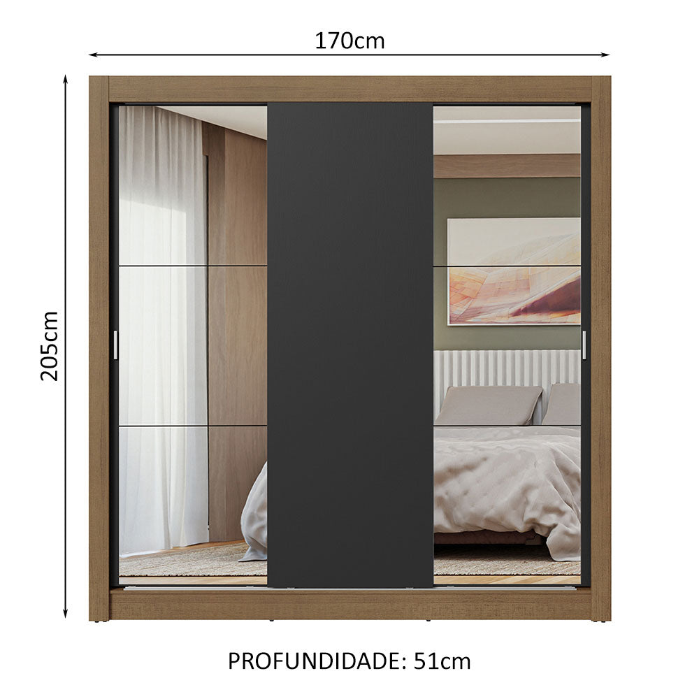 Guarda-Roupa Casal 3 Portas de Correr com Espelhos Rustic/Preto Nobre Madesa