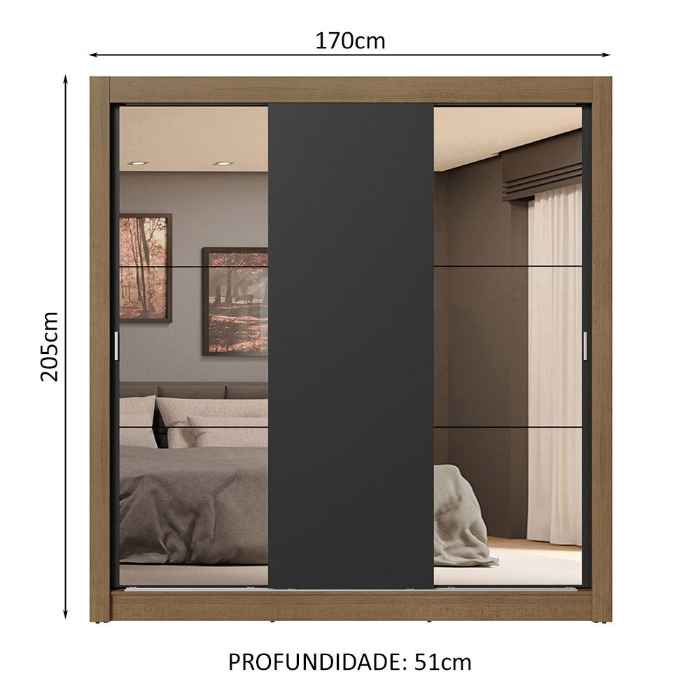 Guarda-Roupa Casal 3 Portas de Correr com Espelhos 4 Gavetas Rustic/Preto Sublime Plus Madesa