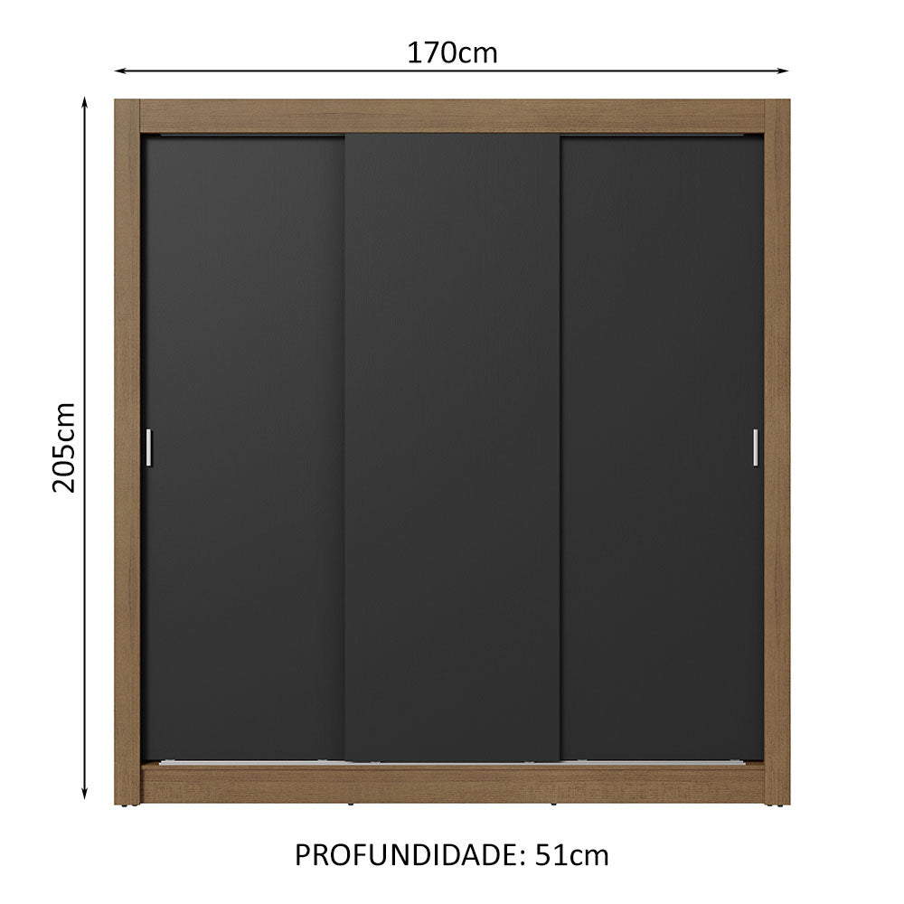 Guarda-Roupa Casal 3 Portas de Correr Rustic/Preto Sublime Plus Madesa