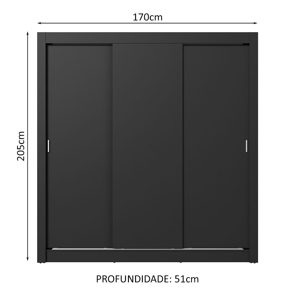 Guarda-Roupa Casal 3 Portas de Correr Preto Nobre Madesa