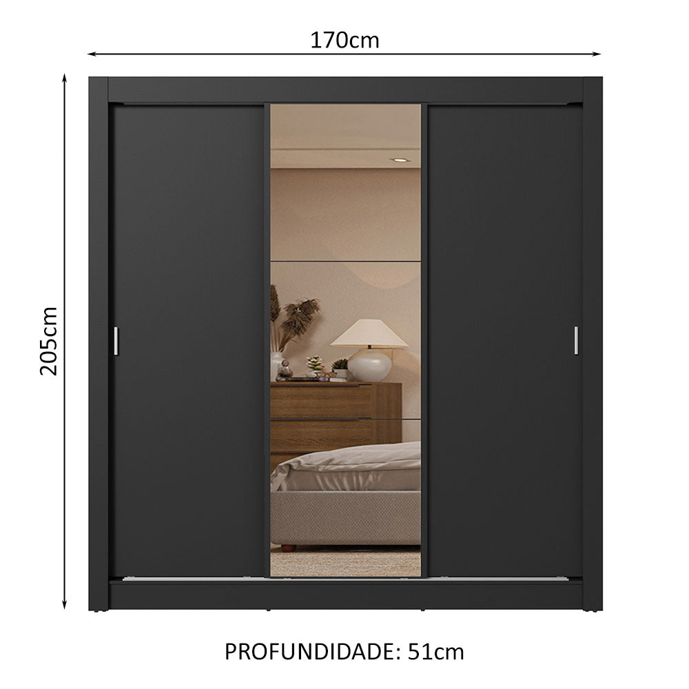 Guarda-Roupa Casal 3 Portas de Correr com Espelho 2 Gavetas Preto Sublime Madesa