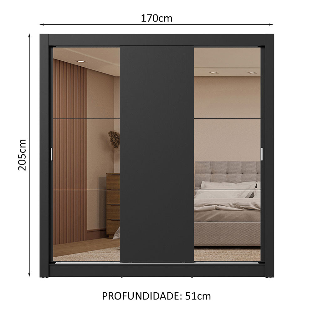 Guarda-Roupa Casal 3 Portas de Correr com Espelhos 2 Gavetas Preto Sublime Madesa