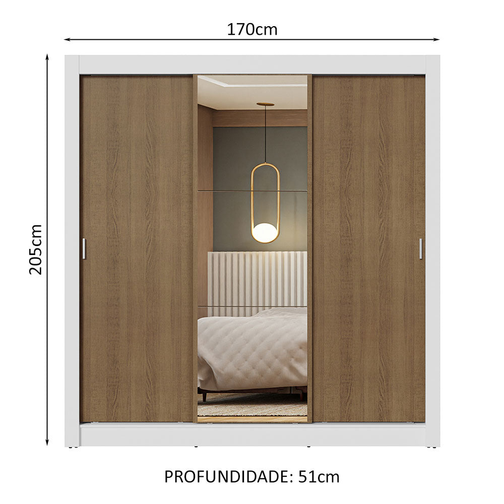 Guarda-Roupa Casal 3 Portas de Correr com Espelho Branco/Rustic Nobre Madesa