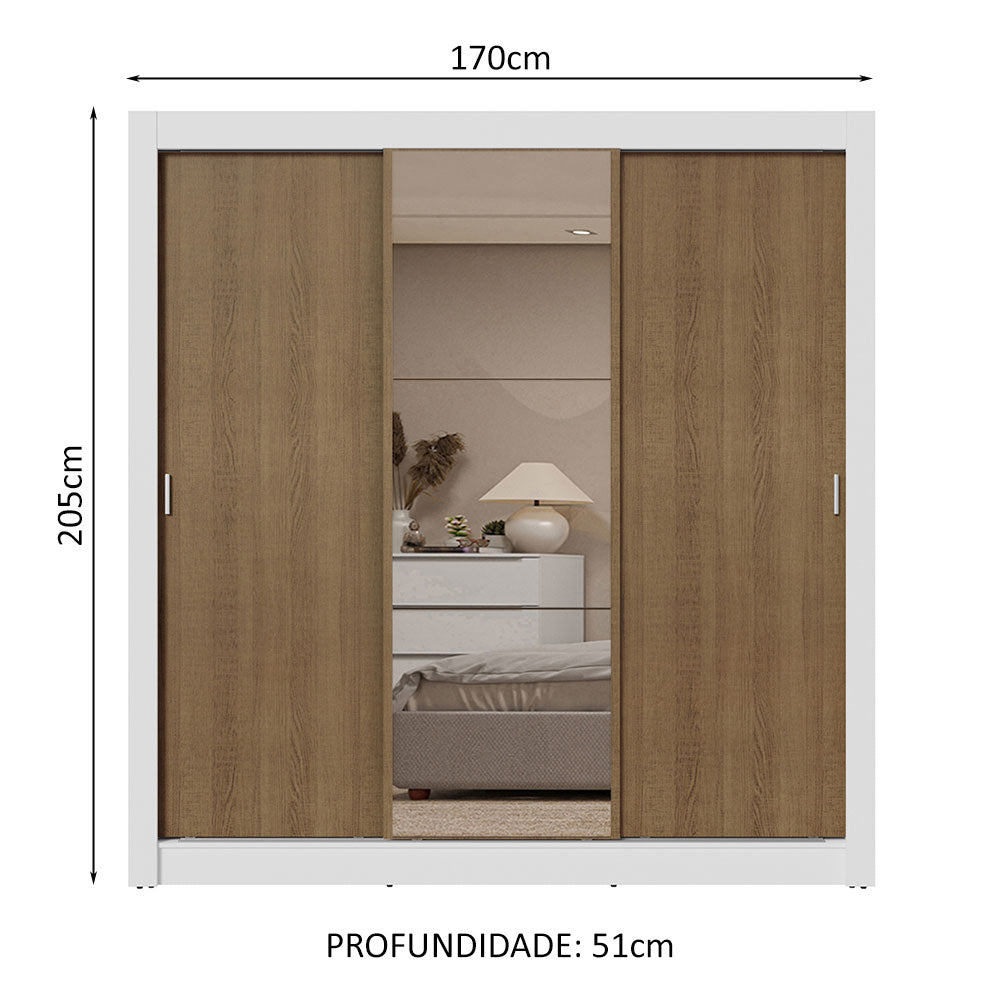 Guarda-Roupa Casal 3 Portas de Correr com Espelho 2 Gavetas Branco/Rustic Sublime Madesa
