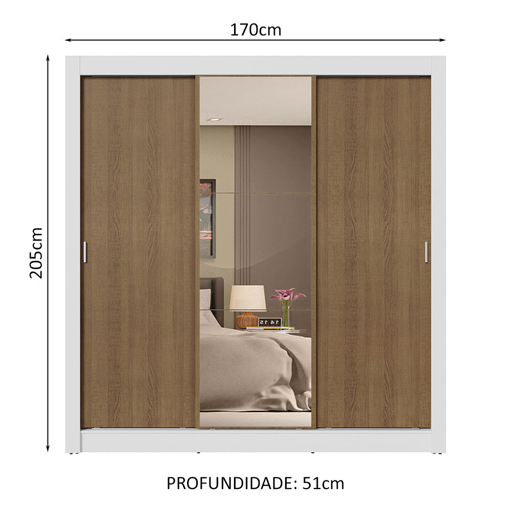 Guarda-Roupa Casal 3 Portas de Correr com Espelho 4 Gavetas Branco/Rustic Sublime Plus Madesa