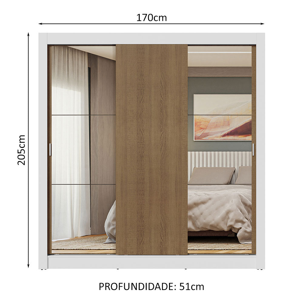 Guarda-Roupa Casal 3 Portas de Correr com Espelhos Branco/Rustic Nobre Madesa