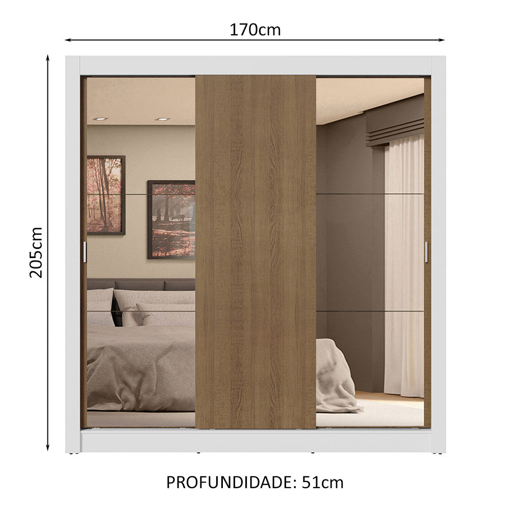 Guarda-Roupa Casal 3 Portas de Correr com Espelhos 4 Gavetas Branco/Rustic Sublime Plus Madesa