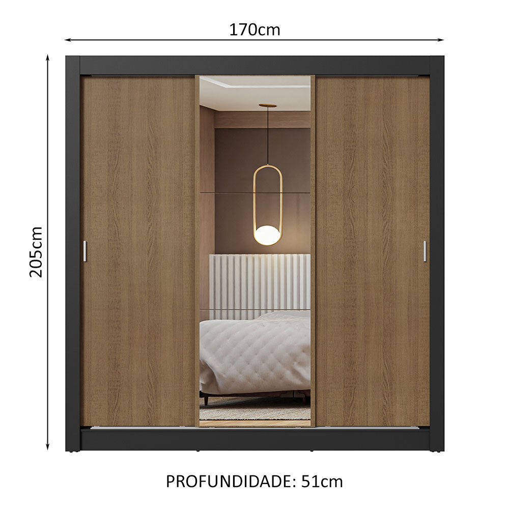 Guarda-Roupa Casal 3 Portas de Correr com Espelho Preto/Rustic Nobre Madesa