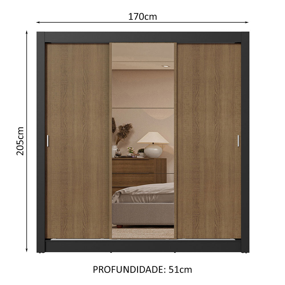 Guarda-Roupa Casal 3 Portas de Correr com Espelho 2 Gavetas Preto/Rustic Sublime Madesa