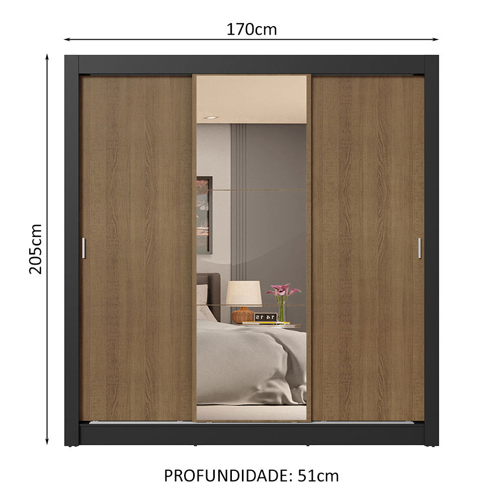 Guarda-Roupa Casal 3 Portas de Correr com Espelho 4 Gavetas Preto/Rustic Sublime Plus Madesa