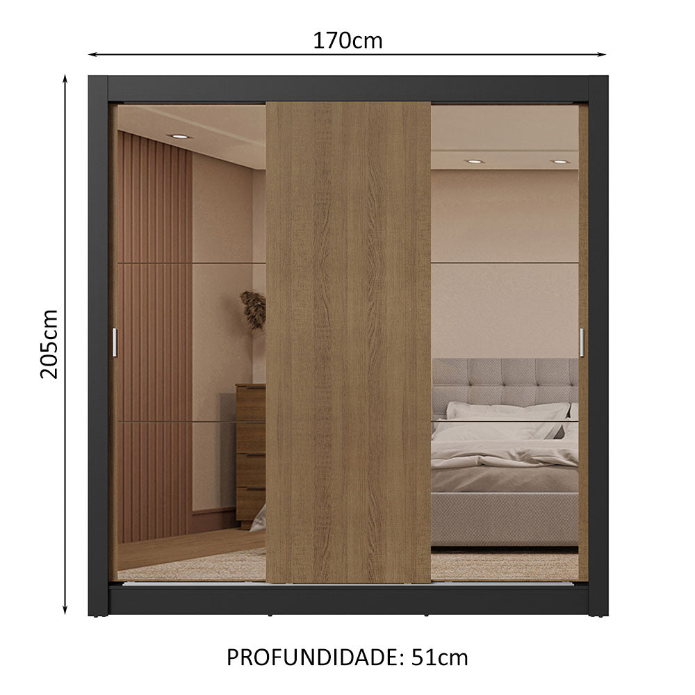 Guarda-Roupa Casal 3 Portas de Correr com Espelhos 2 Gavetas Preto/Rustic Sublime Madesa