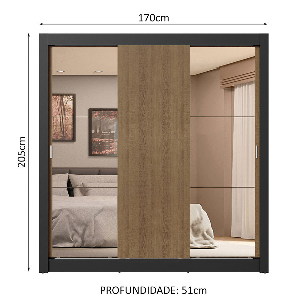 Guarda-Roupa Casal 3 Portas de Correr com Espelhos 4 Gavetas Preto/Rustic Sublime Plus Madesa