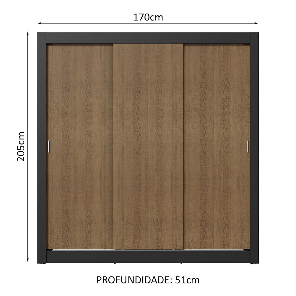 Guarda-Roupa Casal 3 Portas de Correr Preto/Rustic Sublime Madesa
