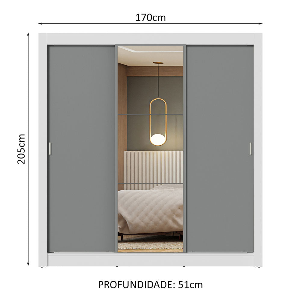 Guarda-Roupa Casal 3 Portas de Correr com Espelho Branco/Cinza Nobre Madesa